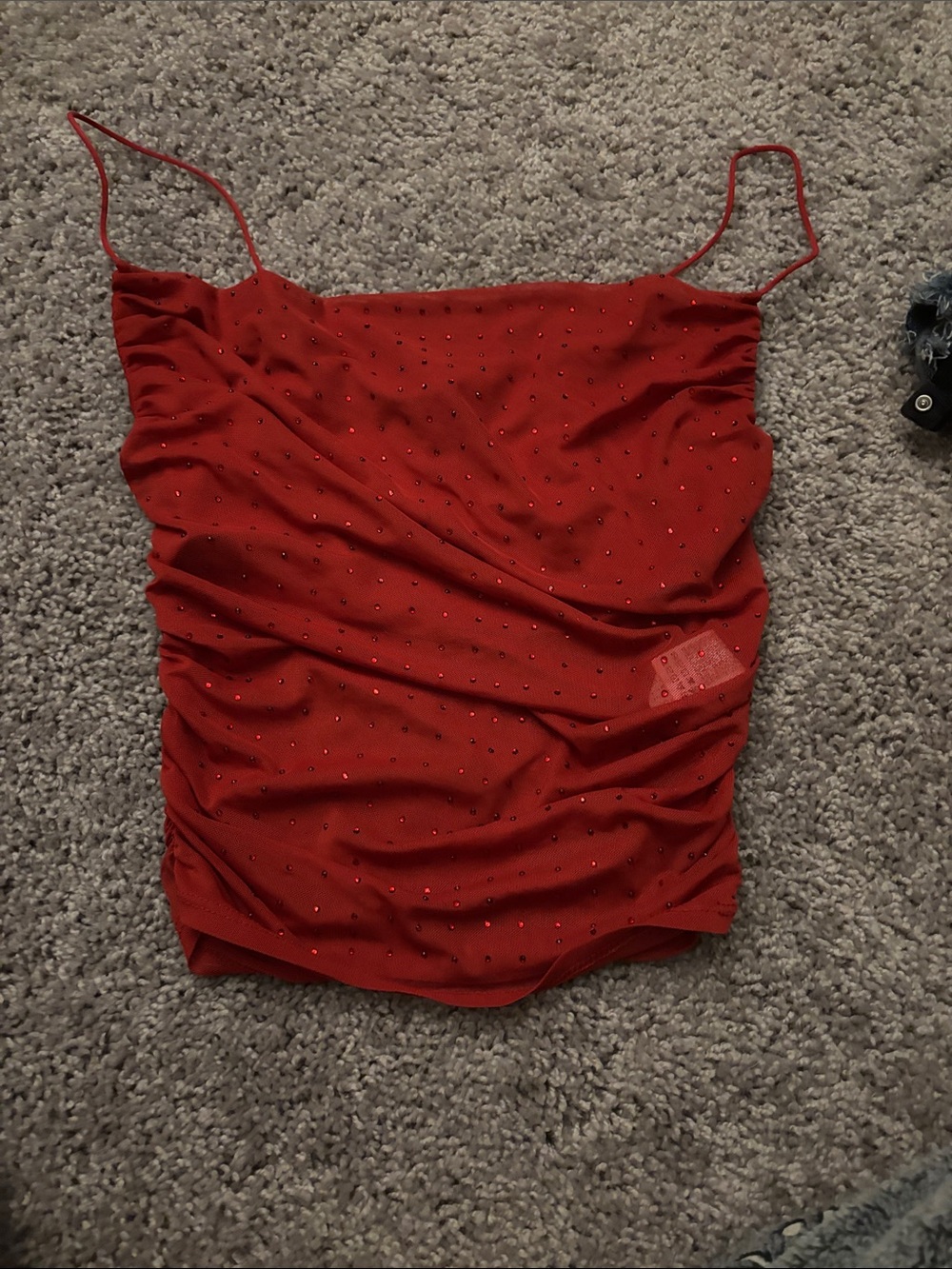 Forever 21 Red Rhinestone Ruched Spaghetti Strap Cami